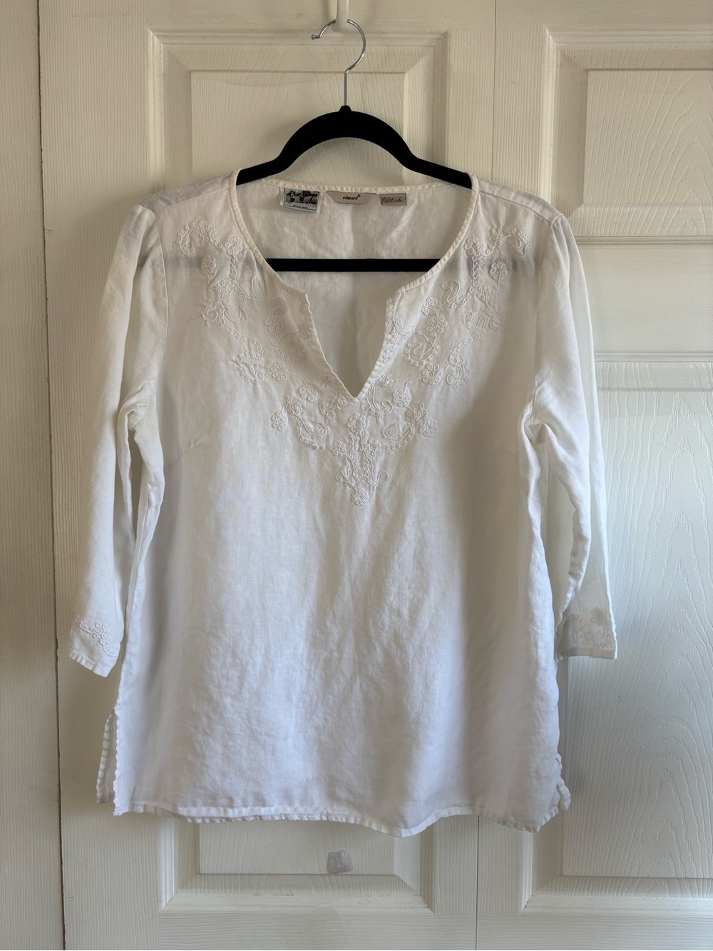 Edward Woman Irish Linen Embroidered White Blouse L Boho Lagenlook Romantic Soft
